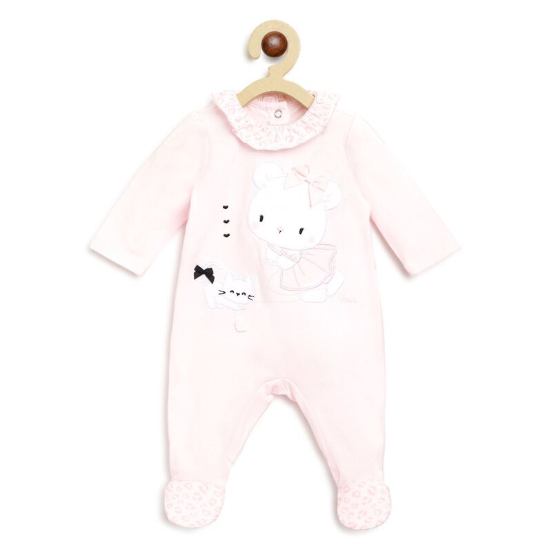 Girls Light Pink Printed Nappy Opening Babysuit image number 0